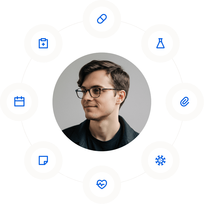 Patient with floating medical icons representing stored health data including lab results, medications, and medical history