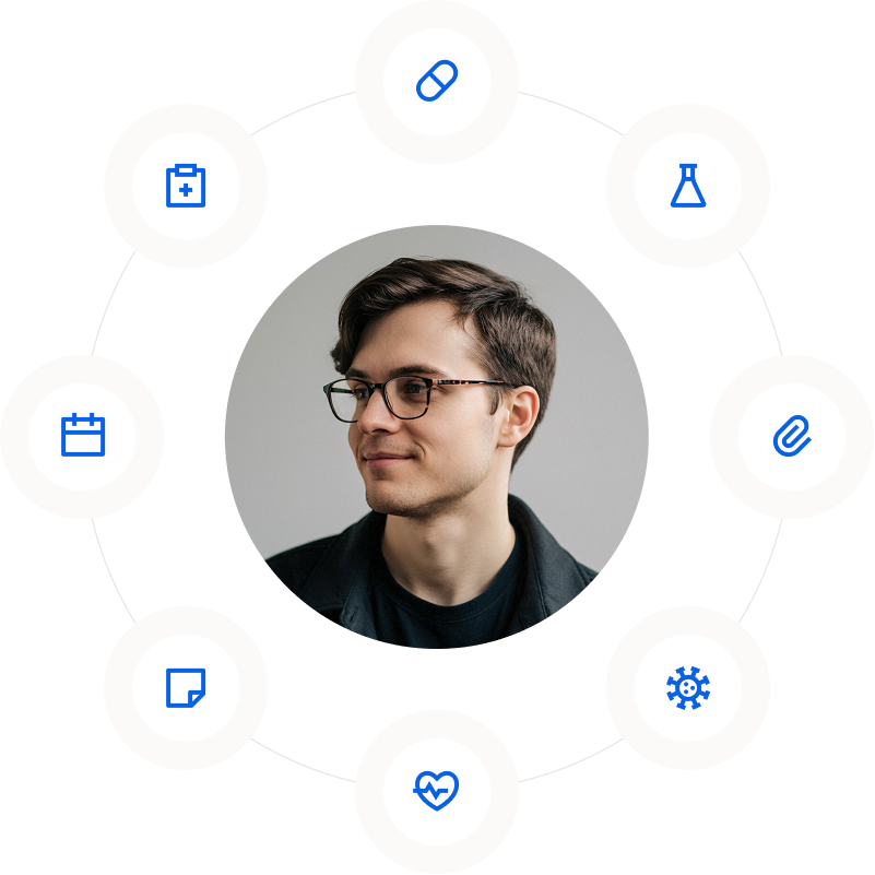 Patient with floating medical icons representing stored health data including lab results, medications, and medical history