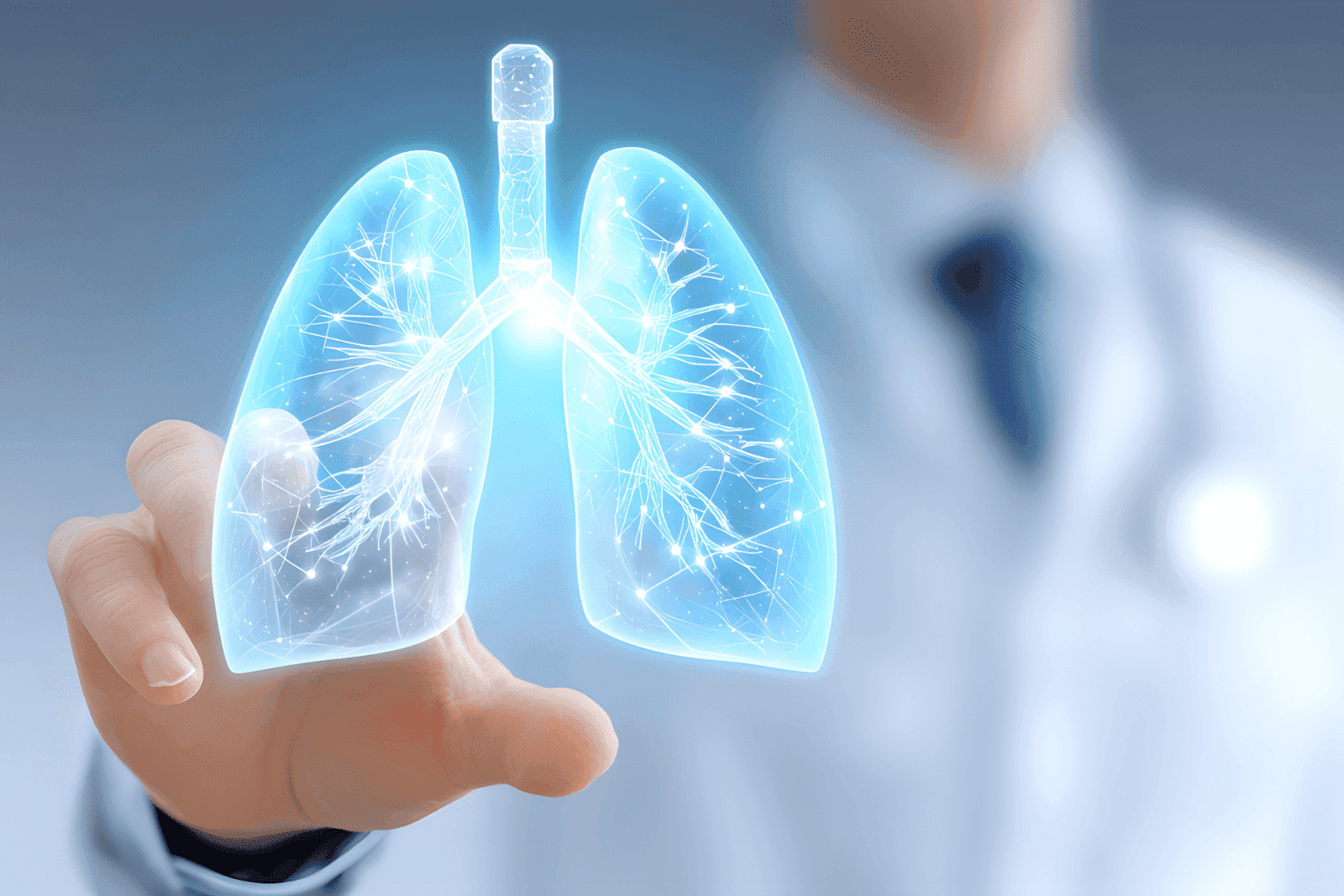 A doctor in a white coat pointing at a digital hologram of human lungs.