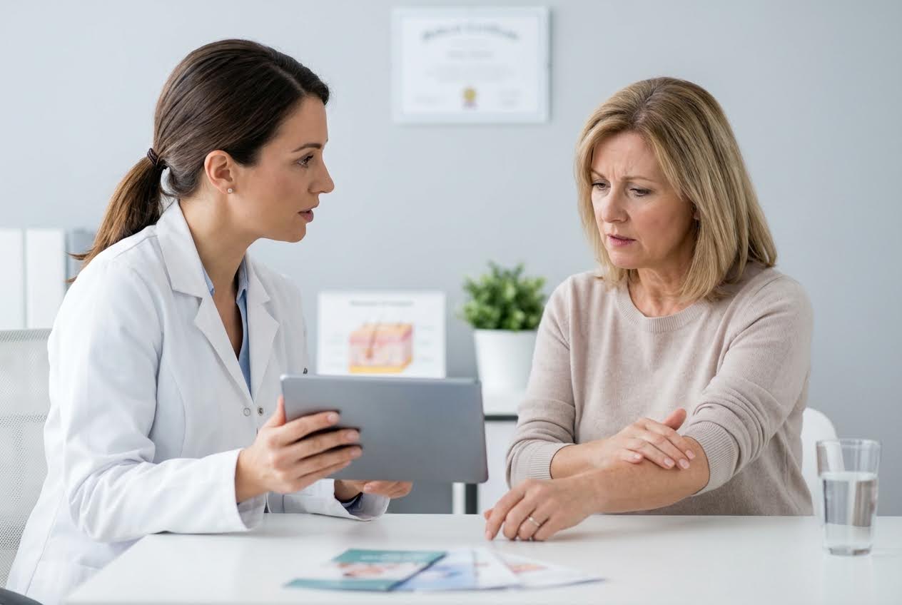 A doctor in a white coat shows a tablet to a concerned woman, scratching her arm.