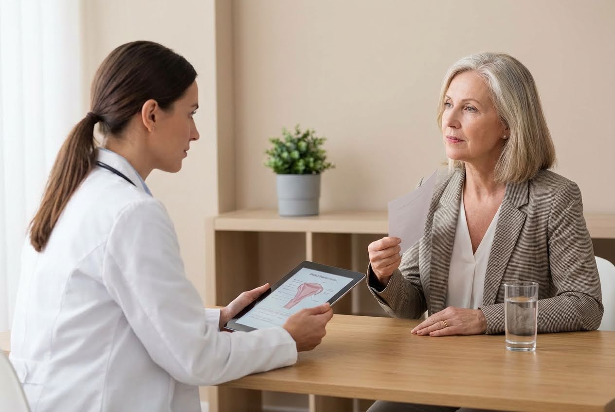A doctor in a white coat shows a tablet to a mature woman fanning herself with paper.