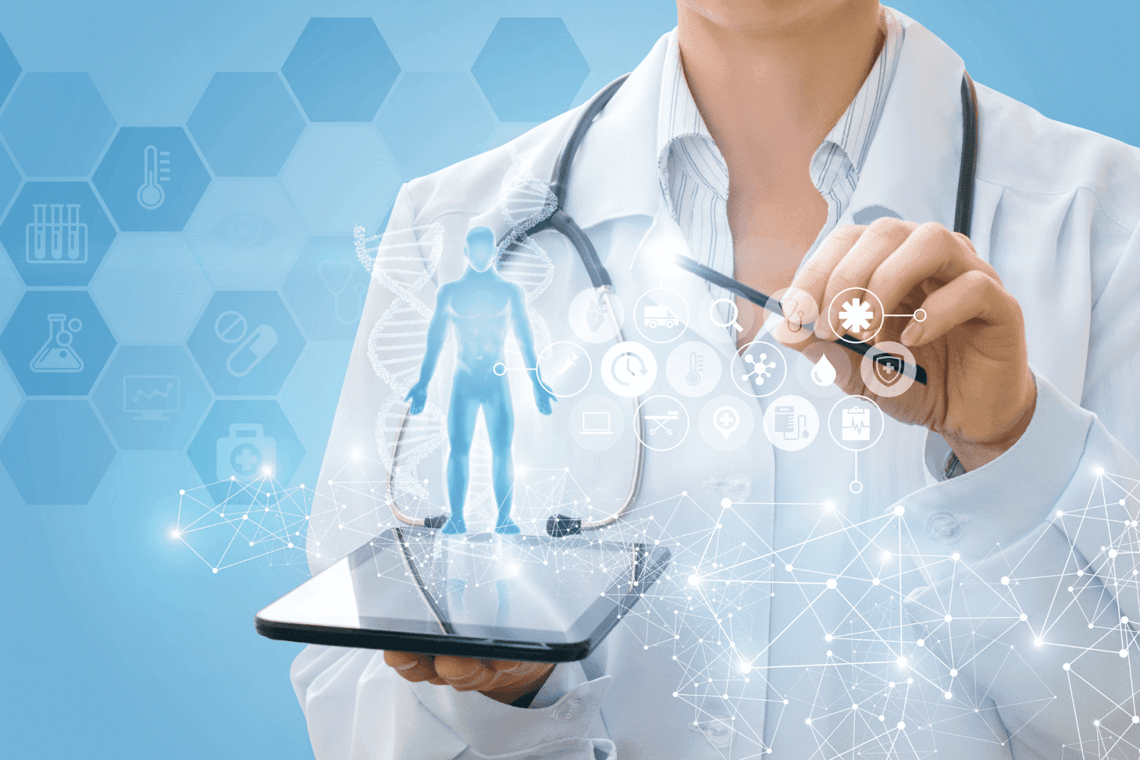 A doctor in a white coat with a stethoscope is holding a digital tablet that projects a glowing holographic human figure