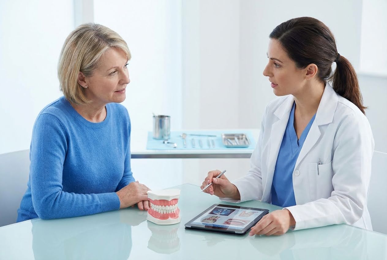 A female dentist in a white coat explains dental health to a blonde woman using a tablet and a teeth model.