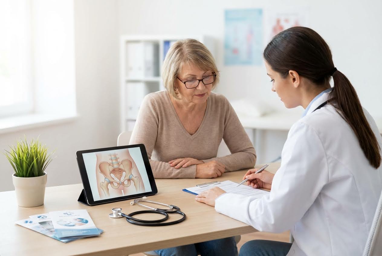 A female doctor and an older female patient are discussing a pelvic anatomy diagram on a tablet in a bright office.