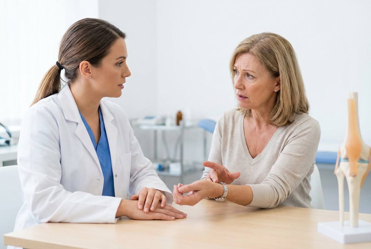 A female doctor in a white coat listens intently to a concerned older woman gesturing with her hands at a wooden table.