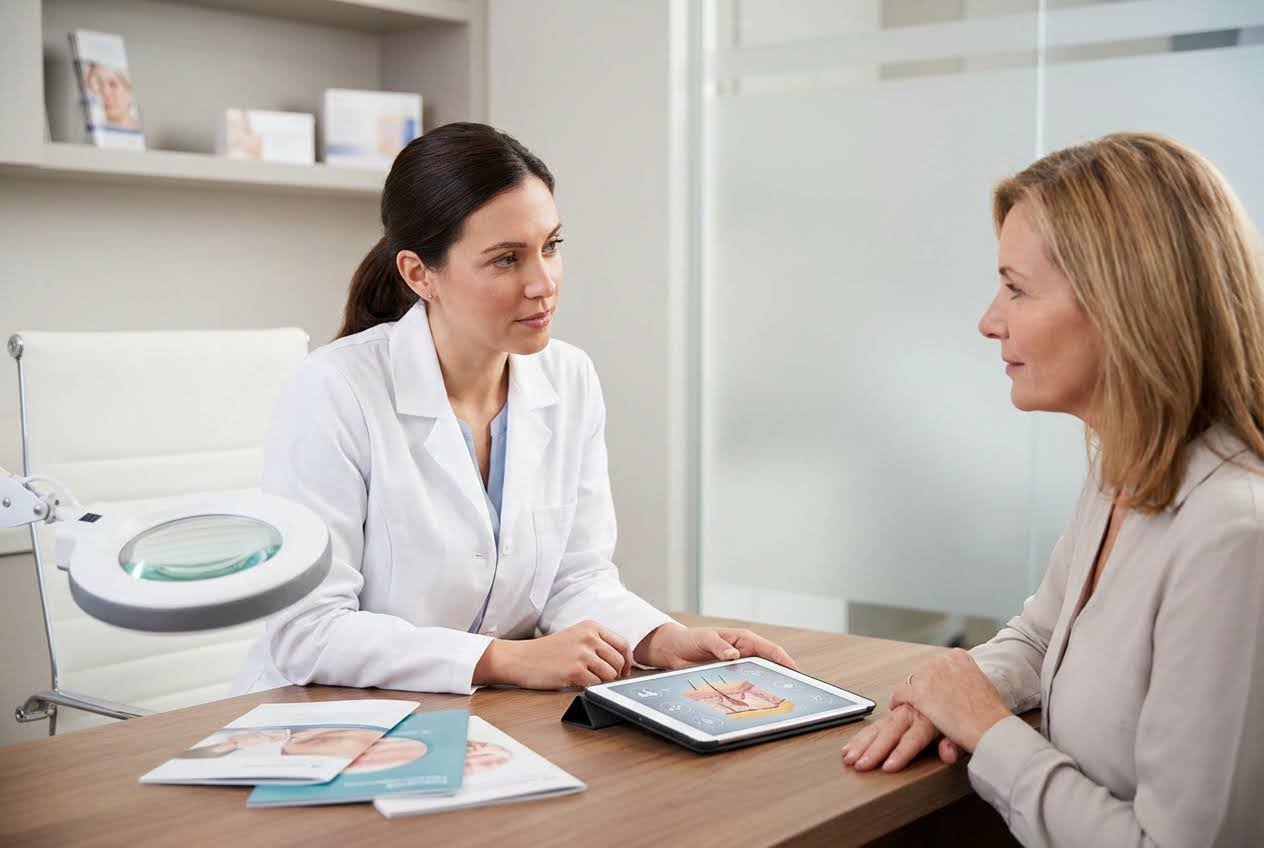 A female doctor in a white coat speaks with a blonde patient at a desk, where a tablet displays skin diagrams.