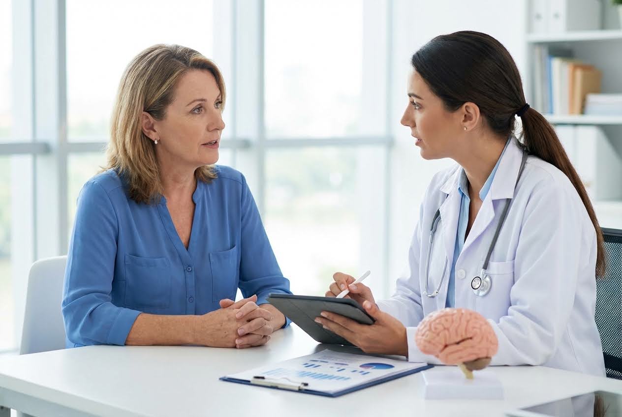 A female doctor in a white coat talks to a woman in a blue shirt, with a brain model and tablet on the desk