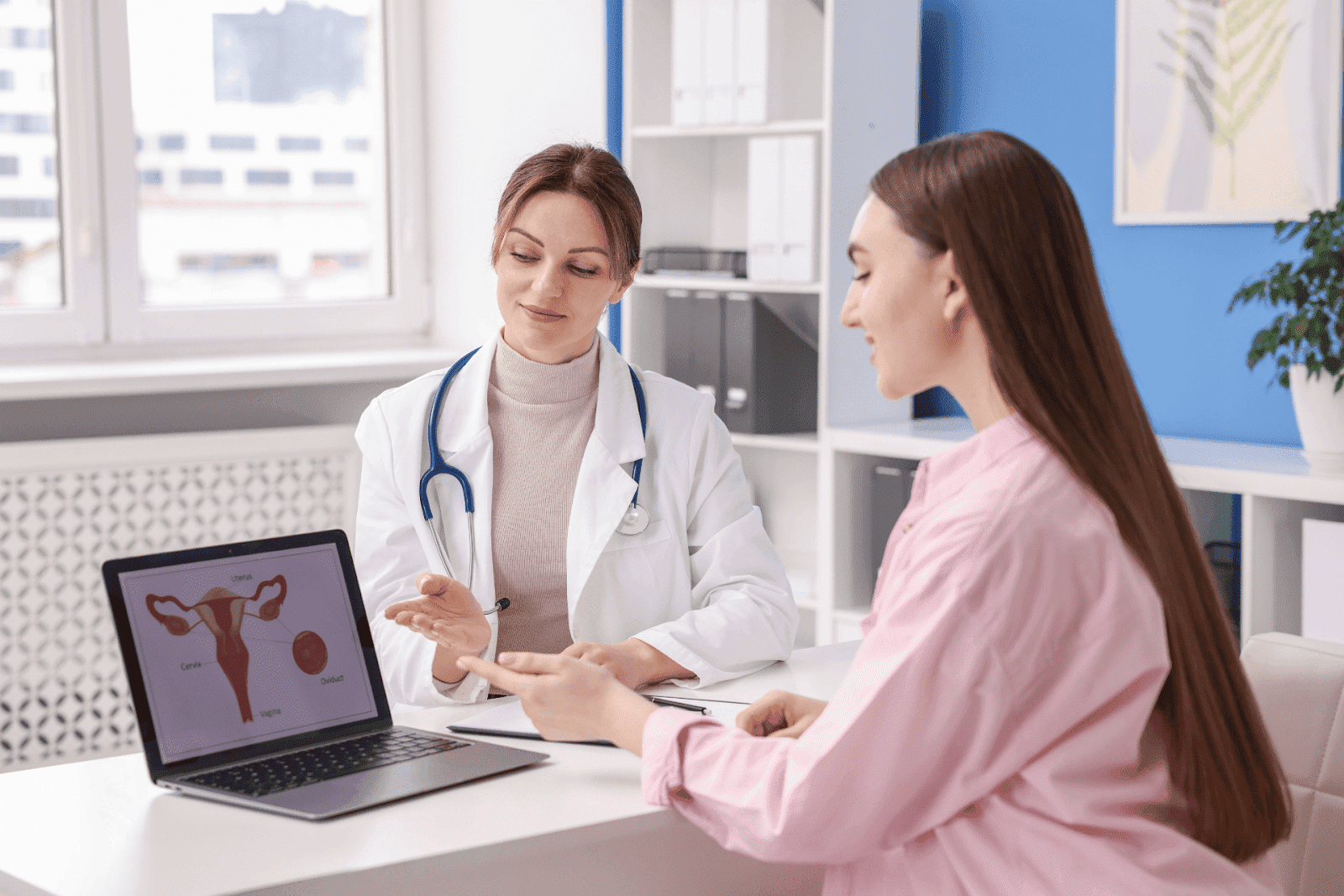 A female doctor shows a uterus diagram on a laptop to a patient during consultation.