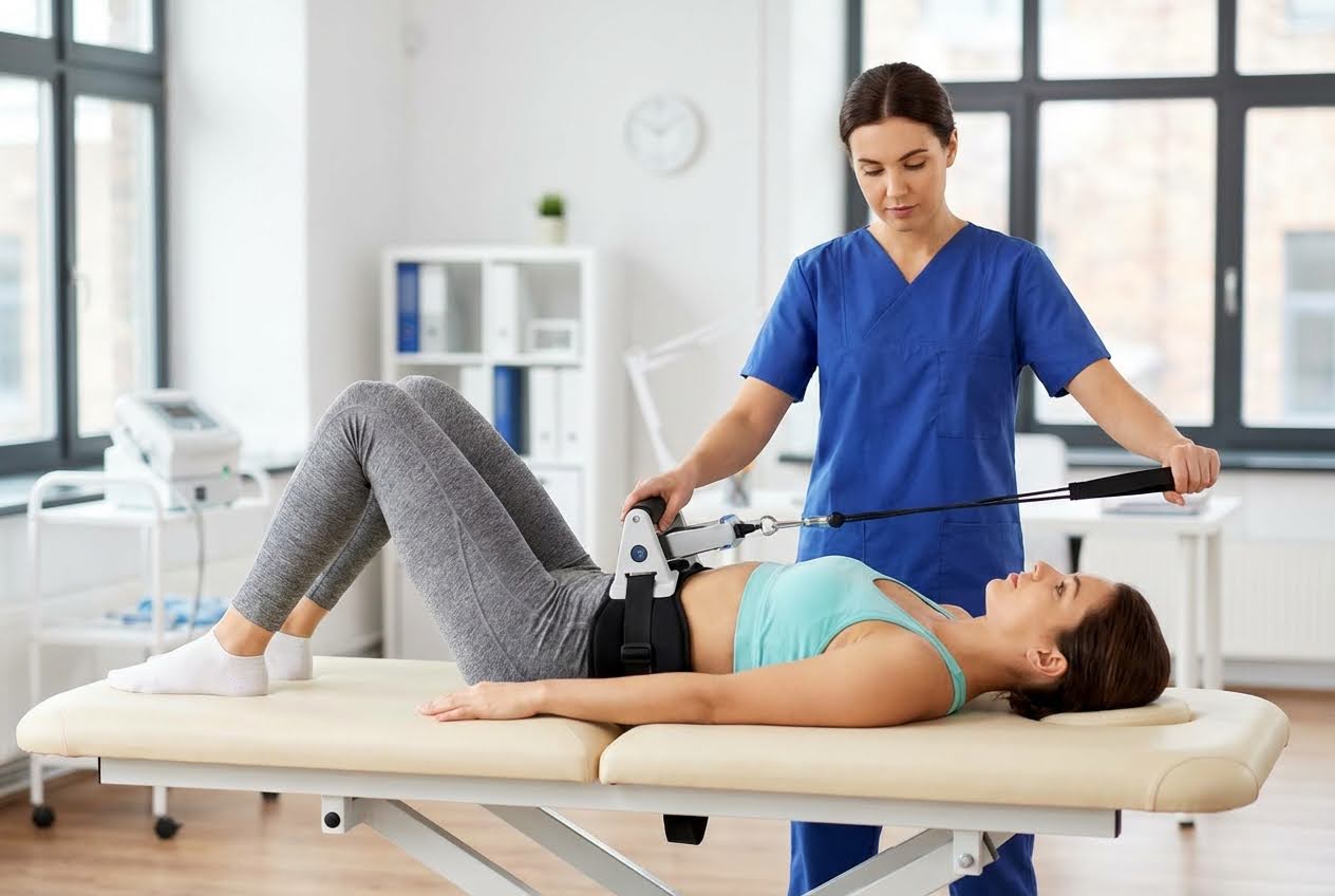 A female patient lies on a medical bed while a female physical therapist applies lumbar traction with a device