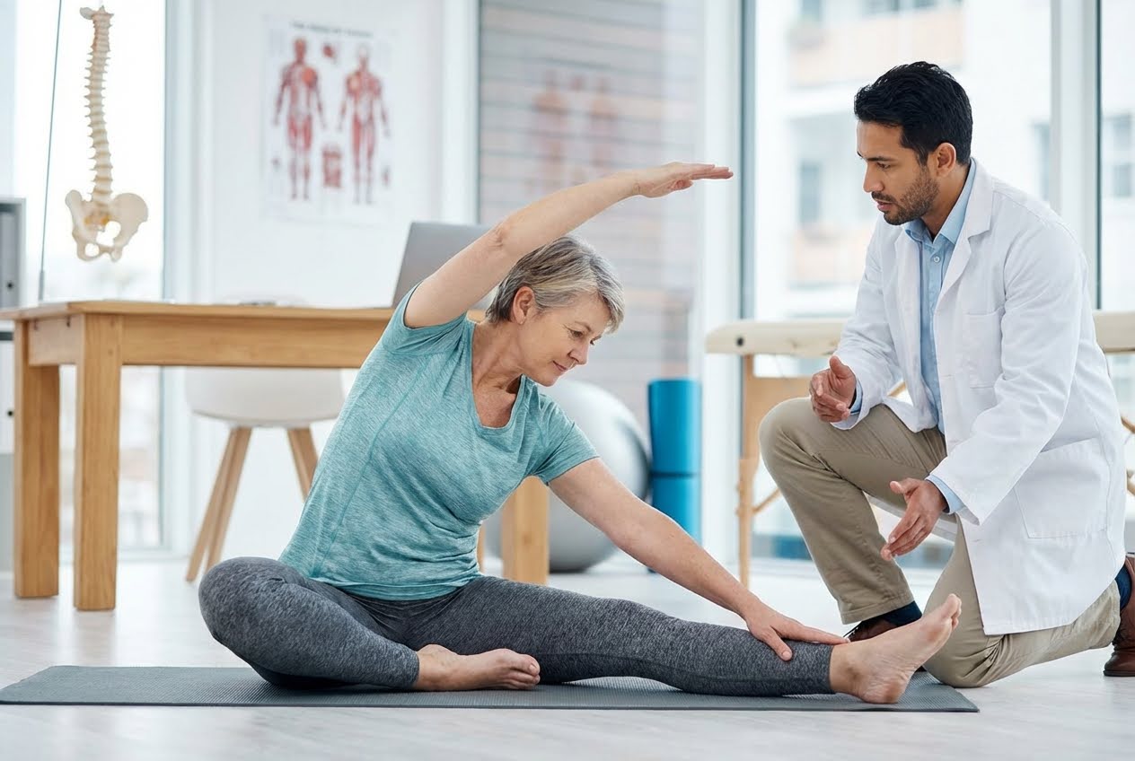 A female patient stretches on a yoga mat while a male physical therapist observes in a bright clinic.