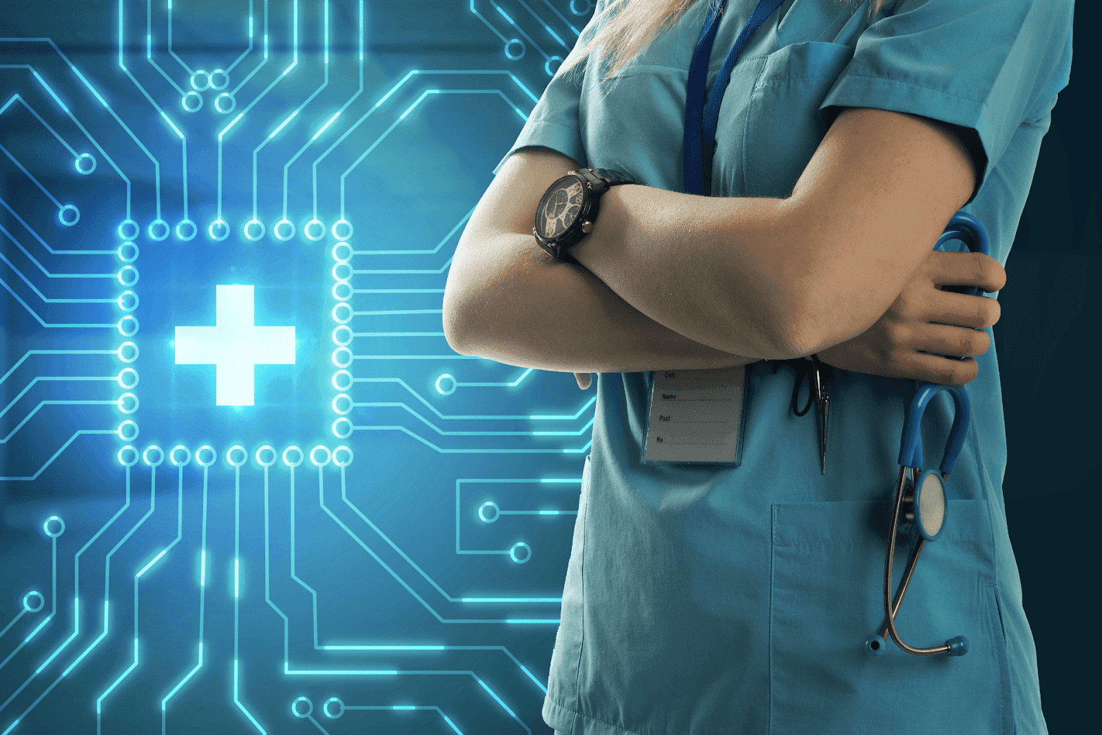 A healthcare professional in scrubs stands with arms crossed, holding a stethoscope, in front of a digital background with a glowing medical cross.