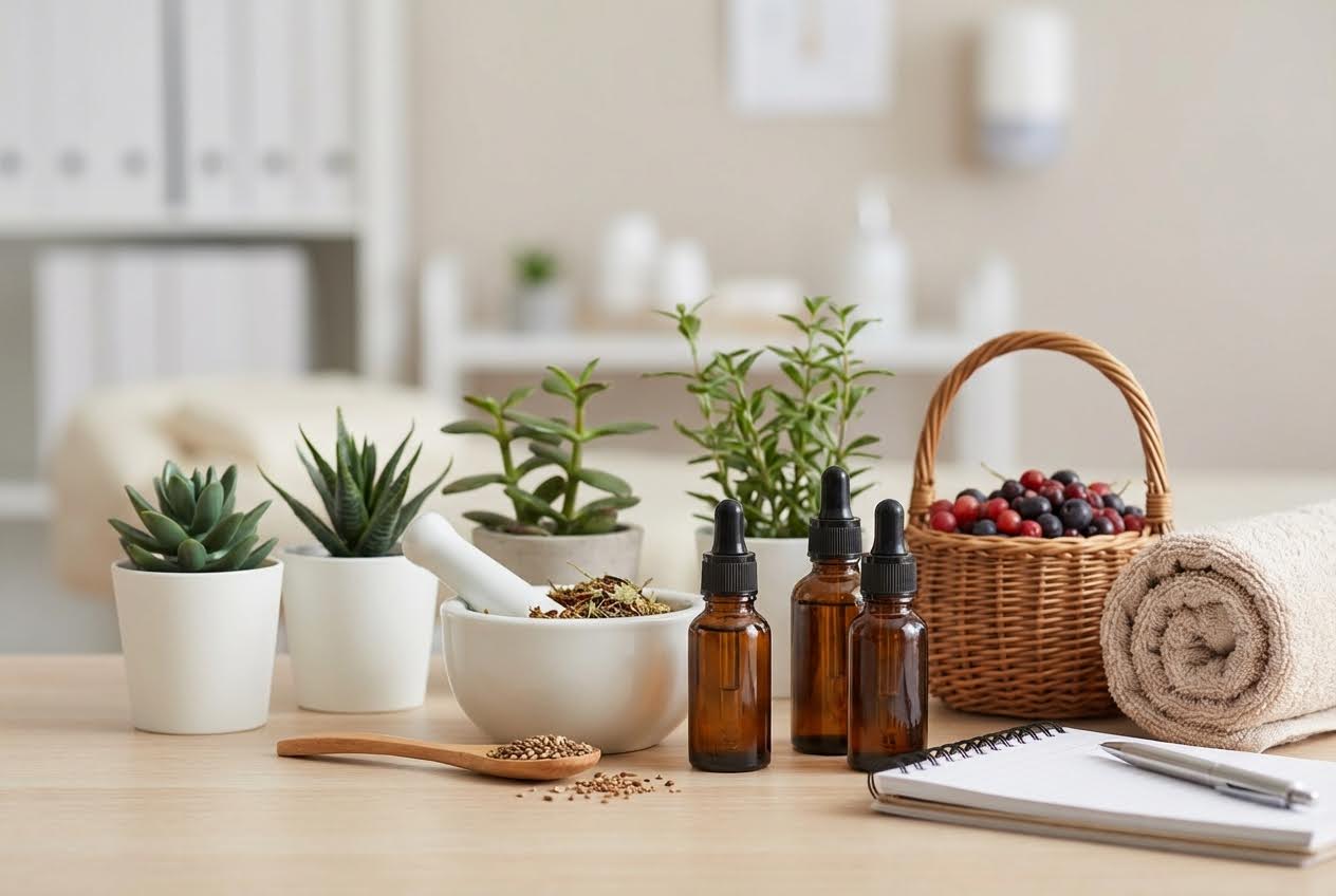 A light-colored table with potted plants, essential oil bottles, a mortar and pestle with herbs, a berry basket, and a rolled towel.