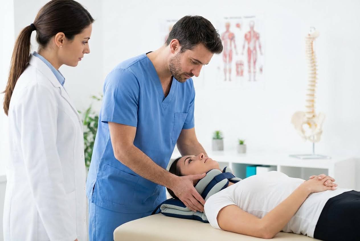 A male physical therapist adjusts a cervical traction device on a female patient's neck, with a female doctor observing