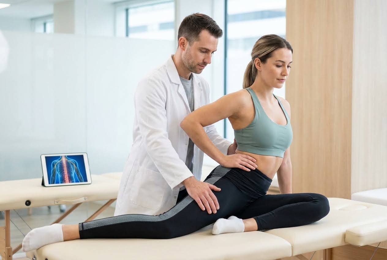 A male physical therapist helps a woman in athletic wear stretch her leg on an examination table.