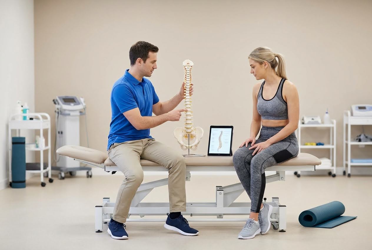 A male physical therapist points to a spine model while a female patient in workout clothes watches