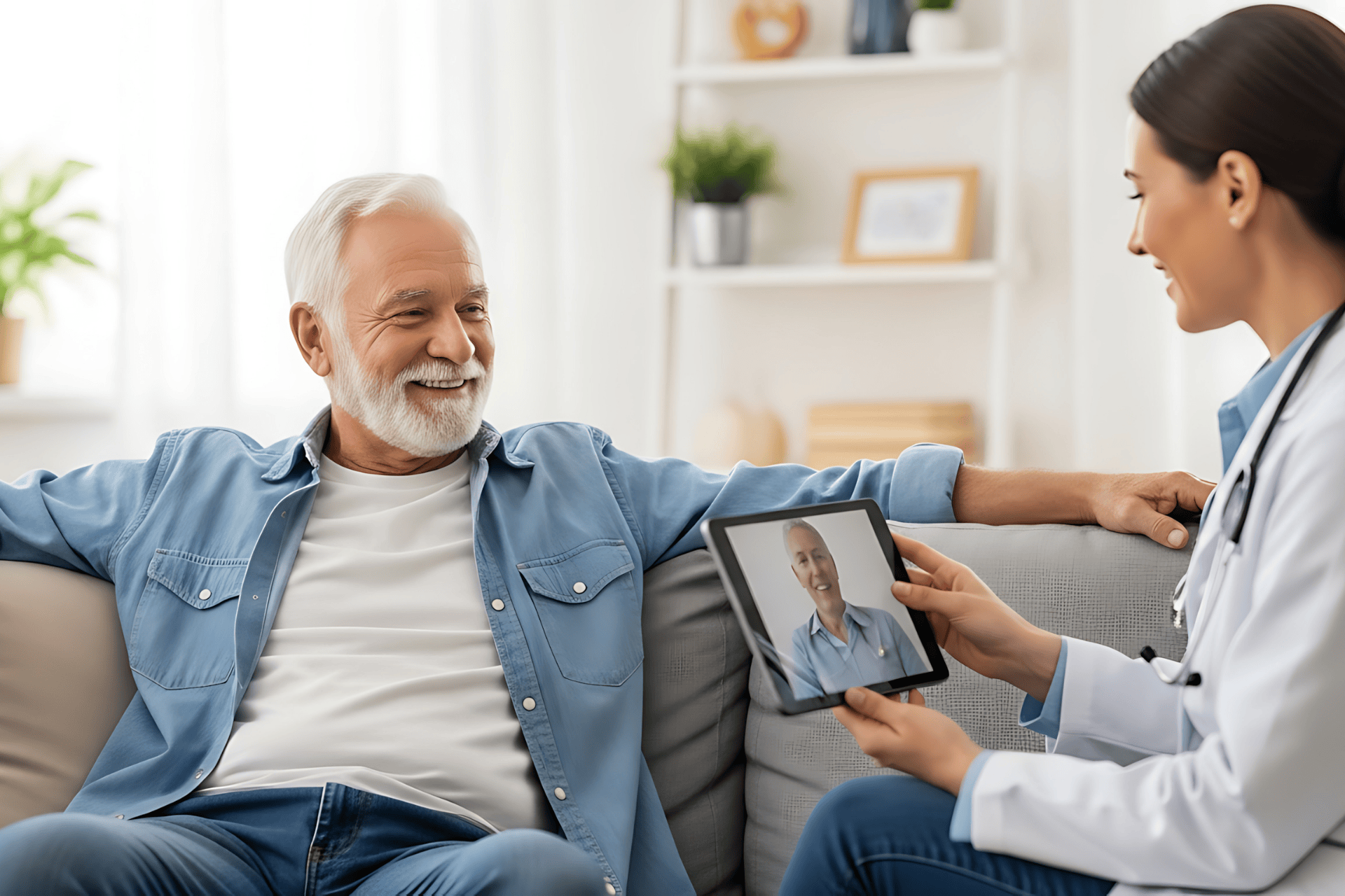 A smiling older man sitting with a doctor holding a tablet showing another doctor on a video call.