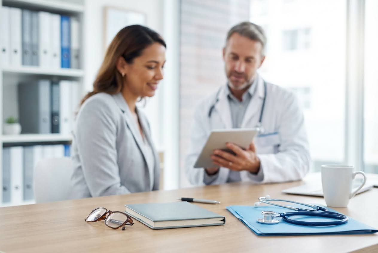 A smiling woman in a gray blazer consults with a male doctor in a white coat holding a tablet, with medical items on a desk.