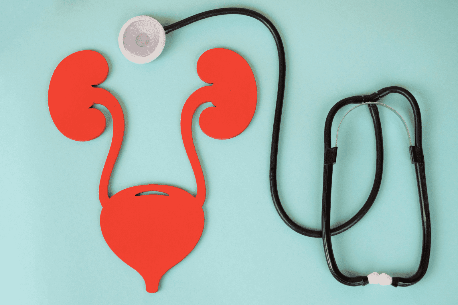 A stethoscope placed next to a red paper cutout of kidneys and bladder on a blue background