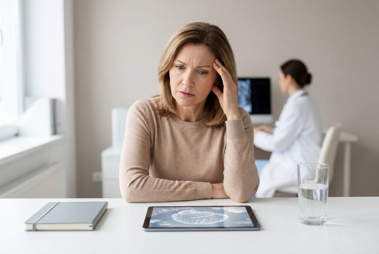 A stressed woman with her hand on her temple, looking at a tablet displaying a brain, in a doctor's office.
