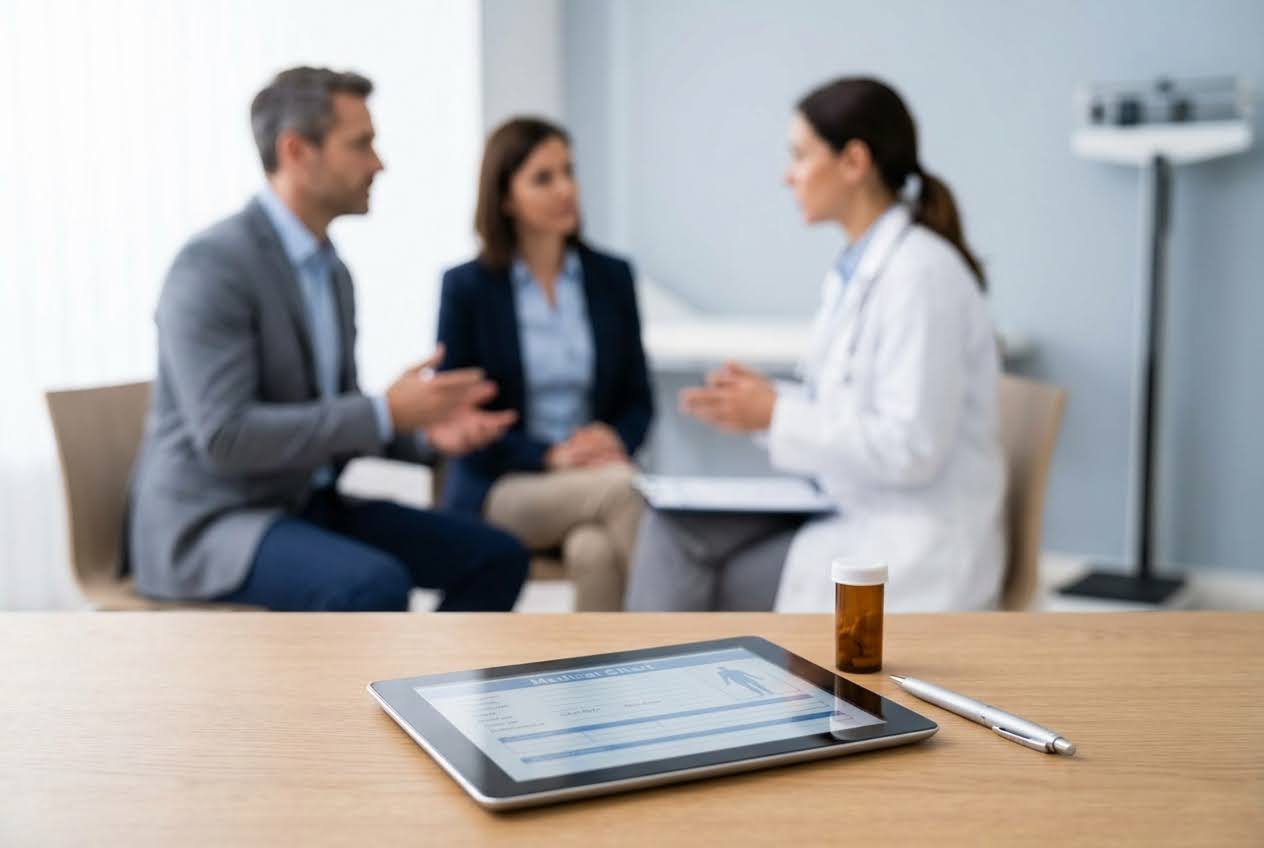 A tablet displaying a medical chart, a pill bottle, and a pen on a wooden table, with a blurred doctor and patients in the background