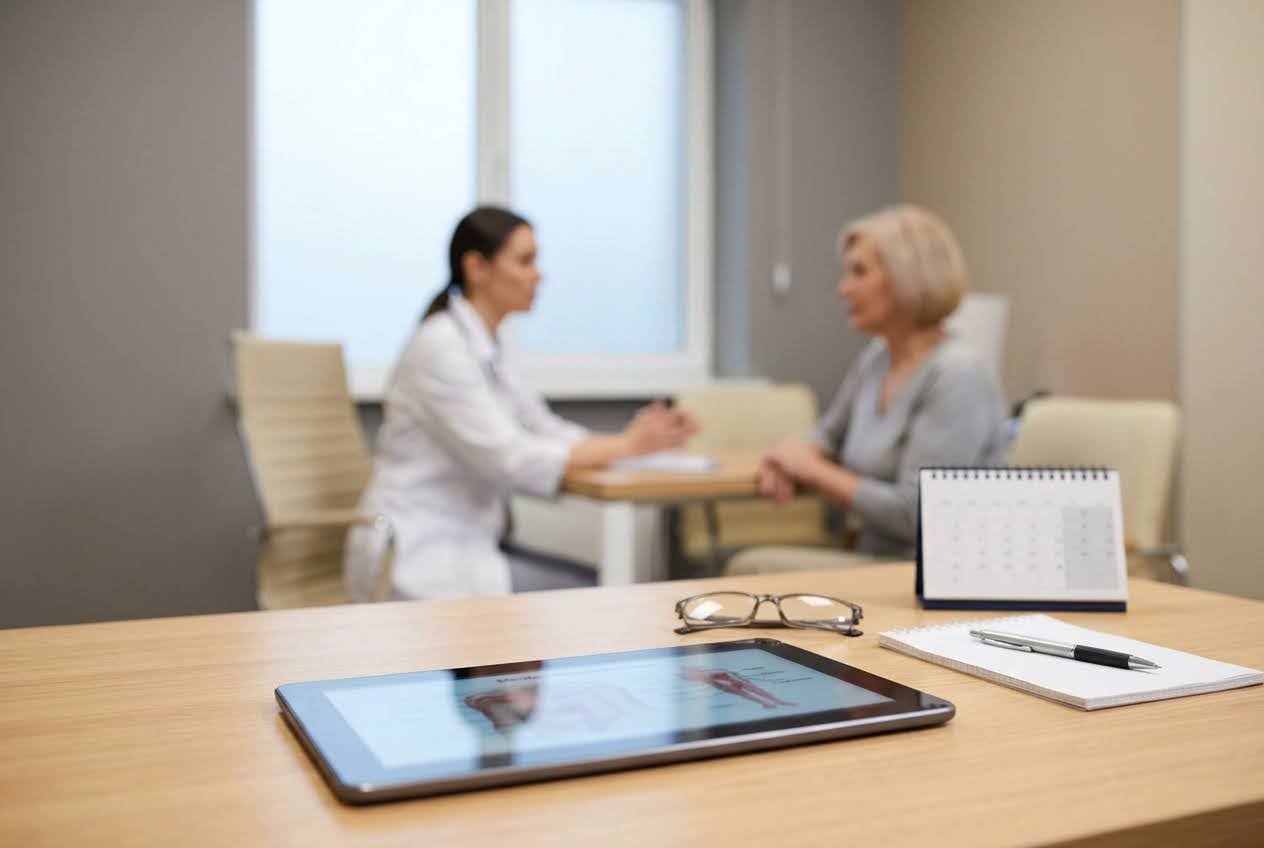 A tablet with a medical diagram, glasses, and a calendar on a desk, with a blurred doctor and patient in the background.