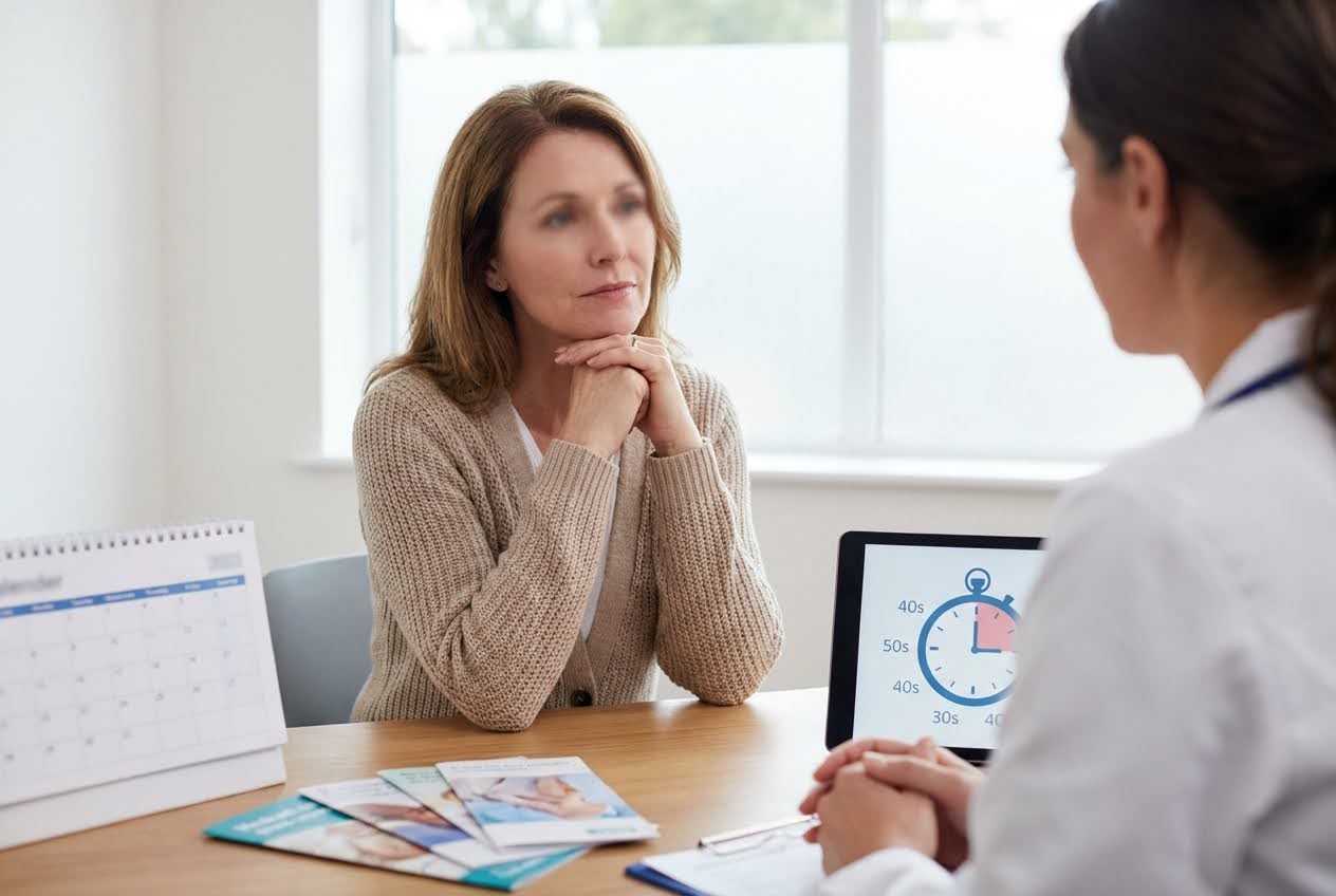 A woman in a beige cardigan listens intently to a doctor, with a calendar and tablet showing a clock icon on the table.