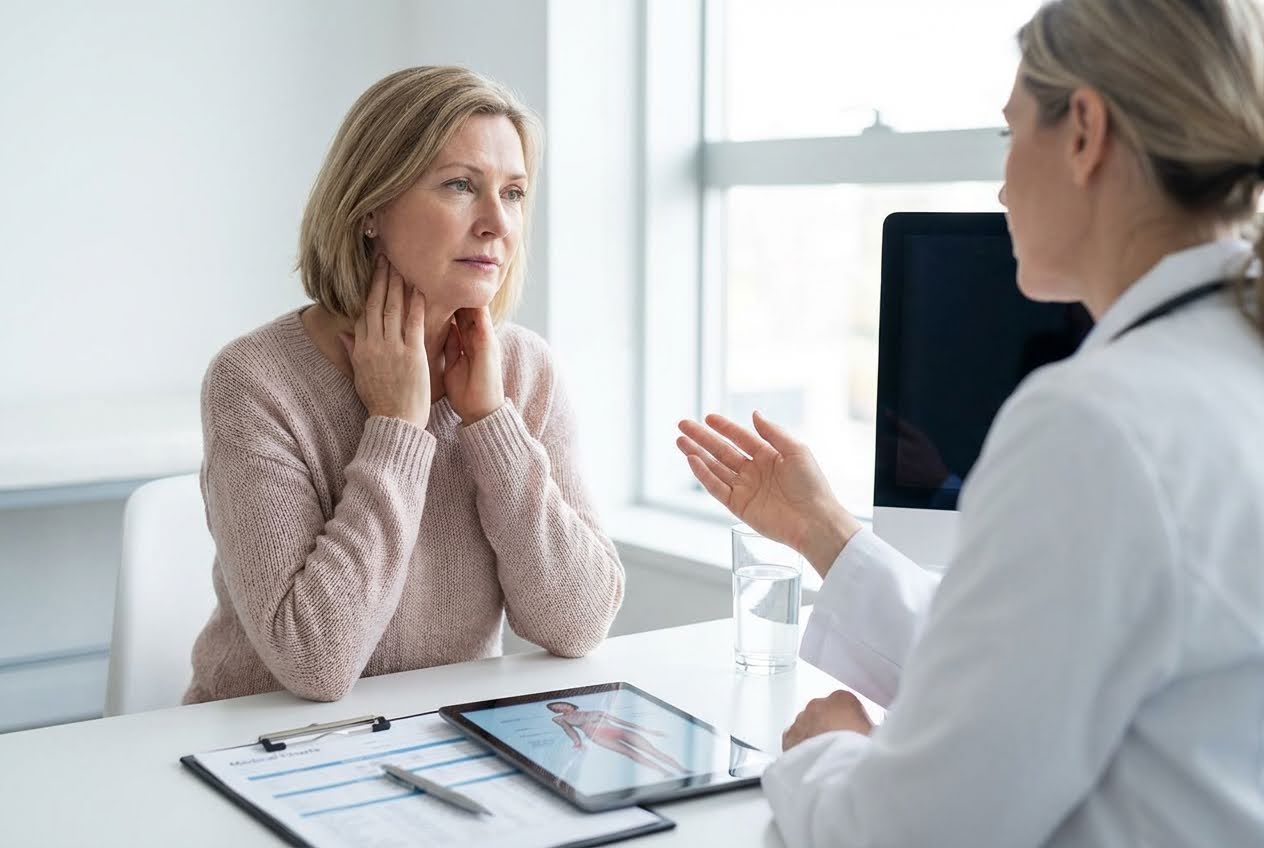 A woman in a pink sweater holds her neck while talking to a doctor in a white coat, with a tablet showing anatomy.