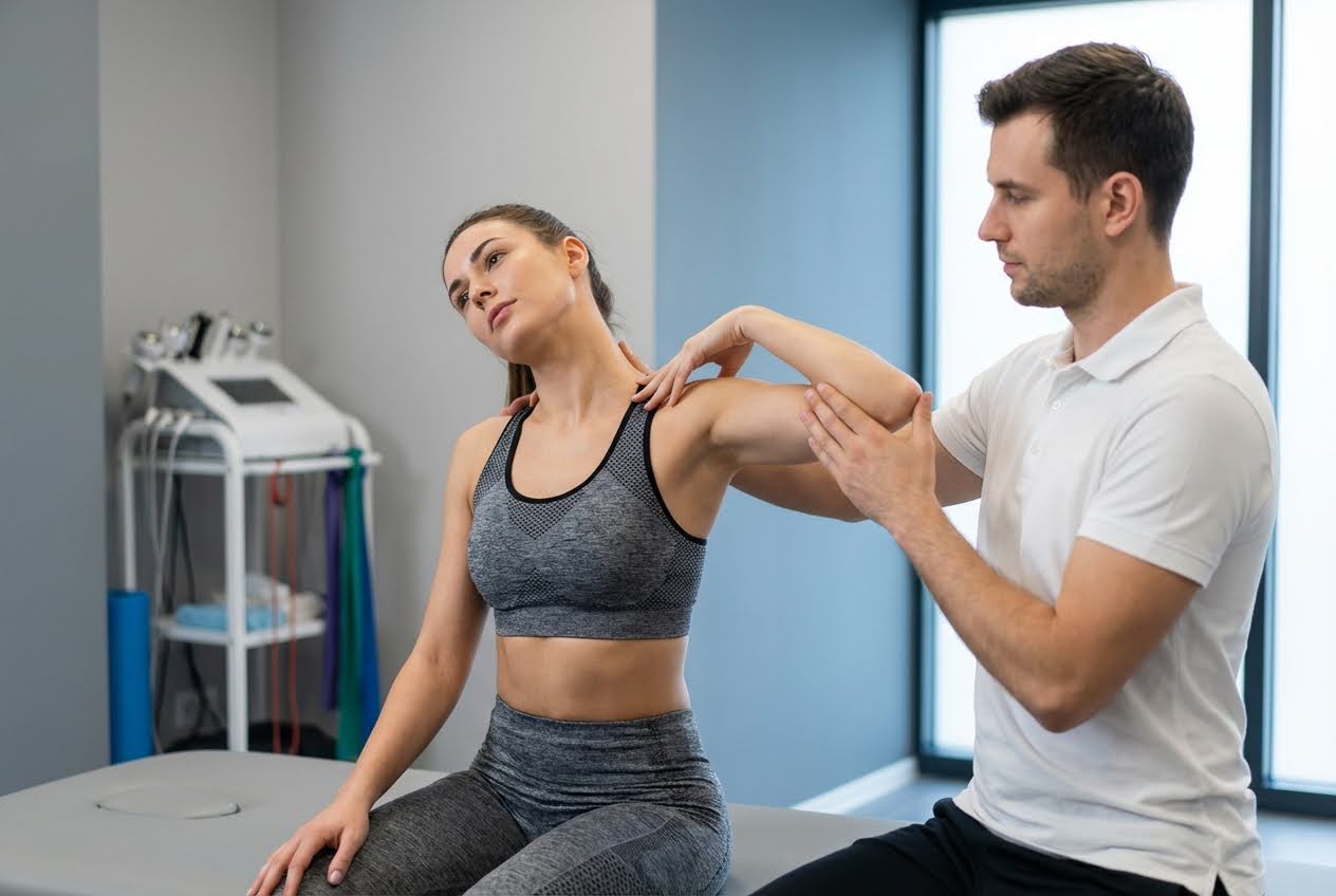A woman in athletic wear stretching her neck while a male therapist assists her arm and shoulder