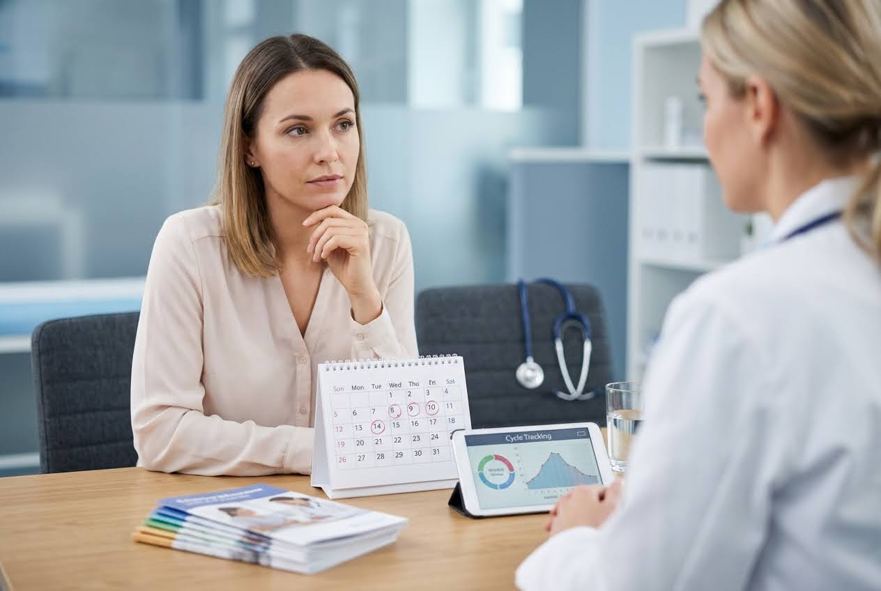 A woman listens intently to a doctor, with a calendar and a tablet displaying "Cycle Tracking" on the table