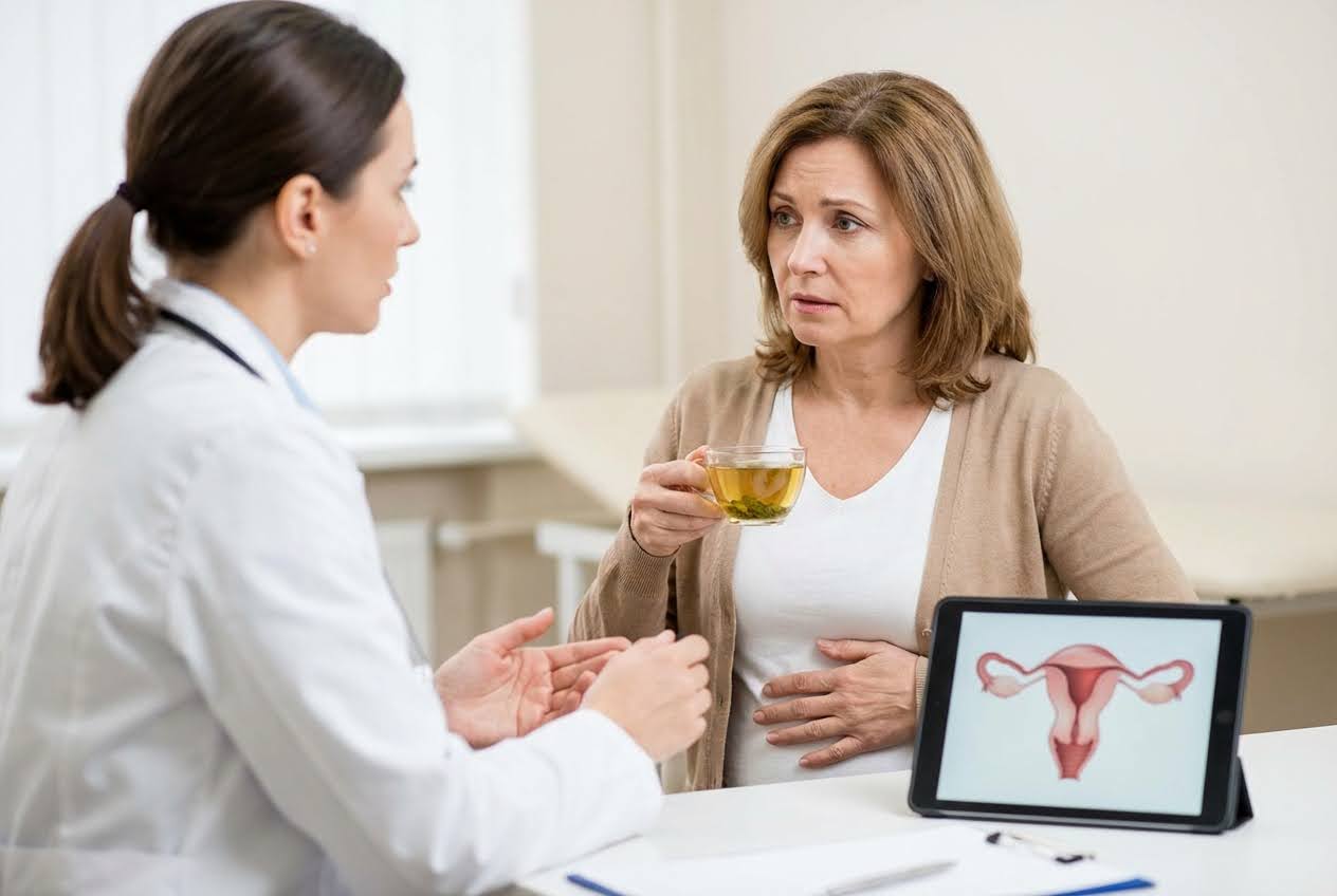 A woman with a worried expression holds a cup of tea, clutching her stomach while talking to a doctor.