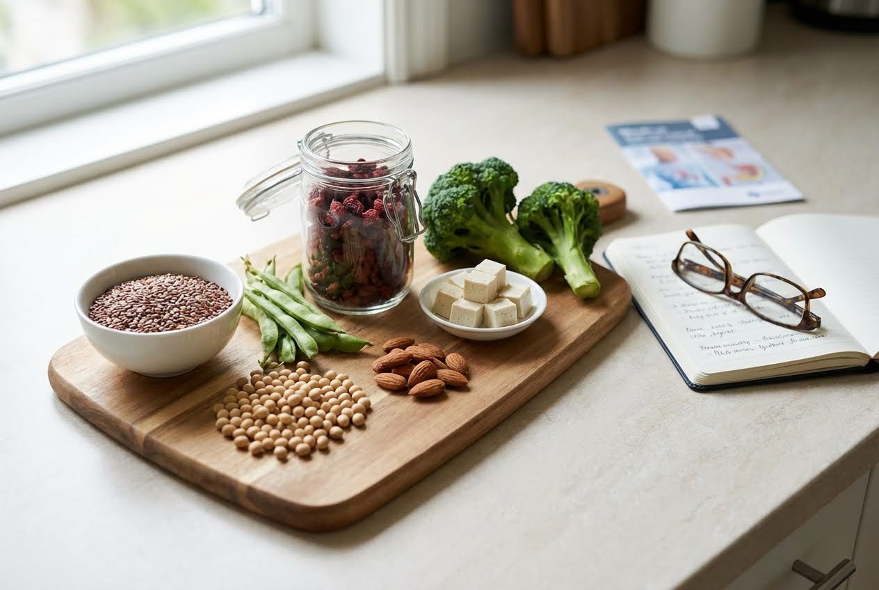 A wooden cutting board with flaxseeds, soybeans, almonds, green beans, dried berries, tofu cubes, and broccoli florets on a kitchen counter.