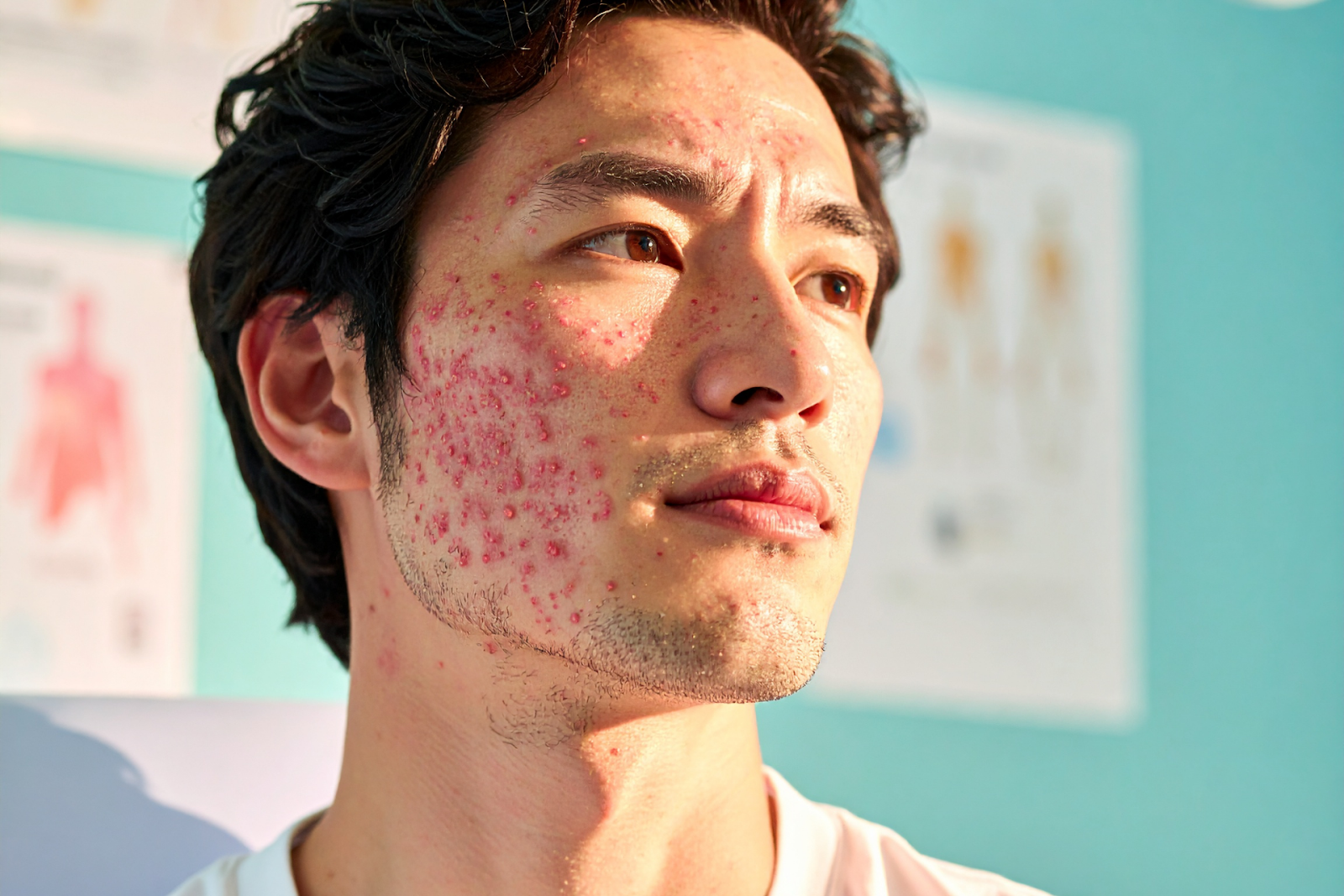 A young man with severe red acne and inflammation on his cheek, looking off to the side.