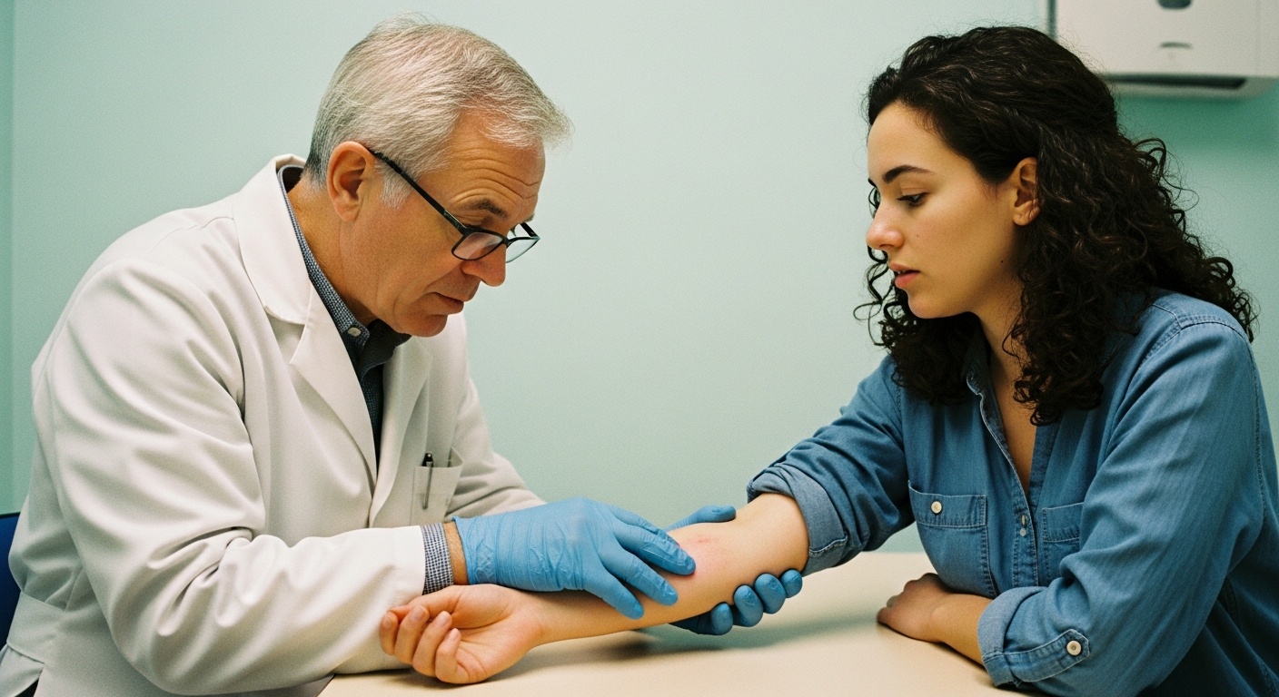 A doctor in blue gloves examines a red bumpy rash on a patient's forearm during a medical consultation.