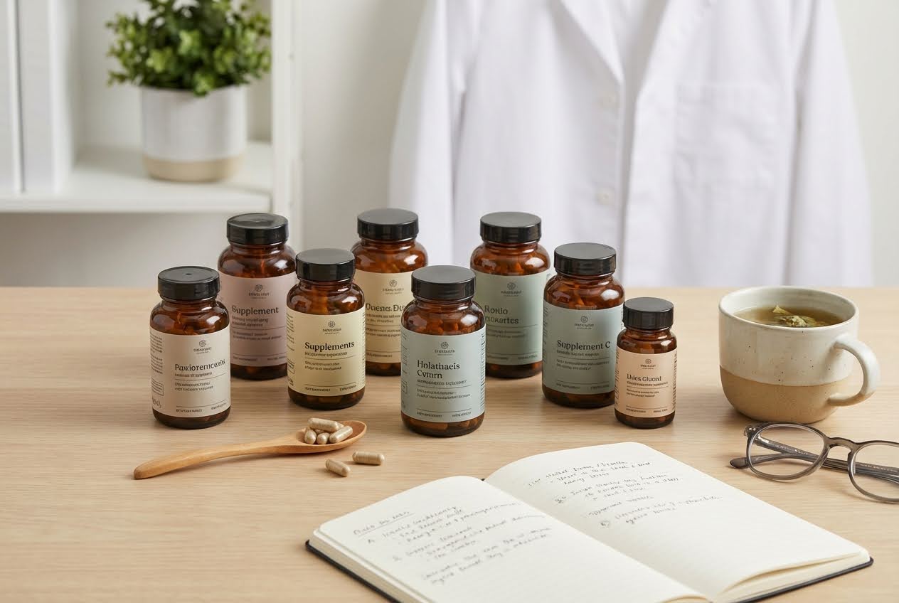 Amber supplement bottles, a wooden spoon with capsules, a notebook, and a tea mug on a light wood table.