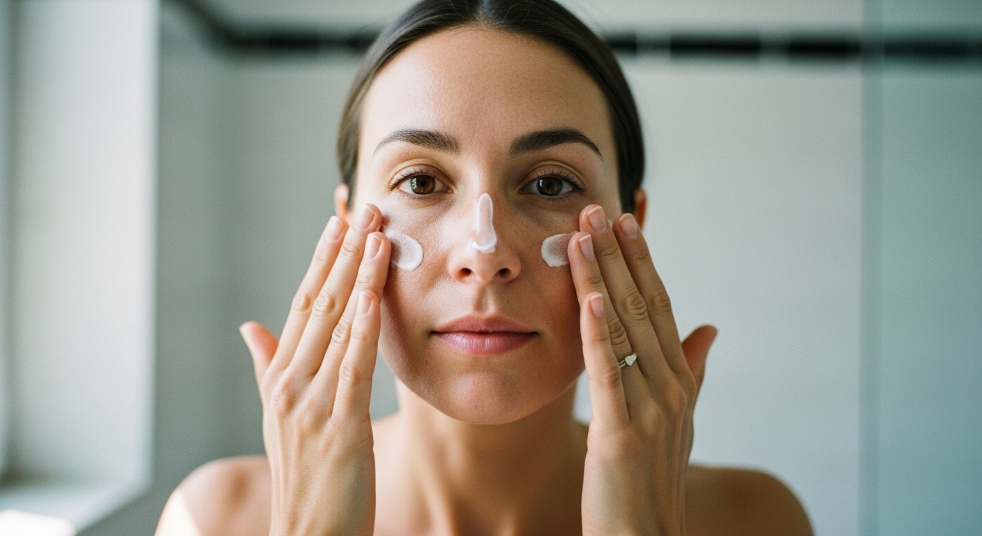 A woman applying sunscreen to her face with her fingertips in bright natural morning light