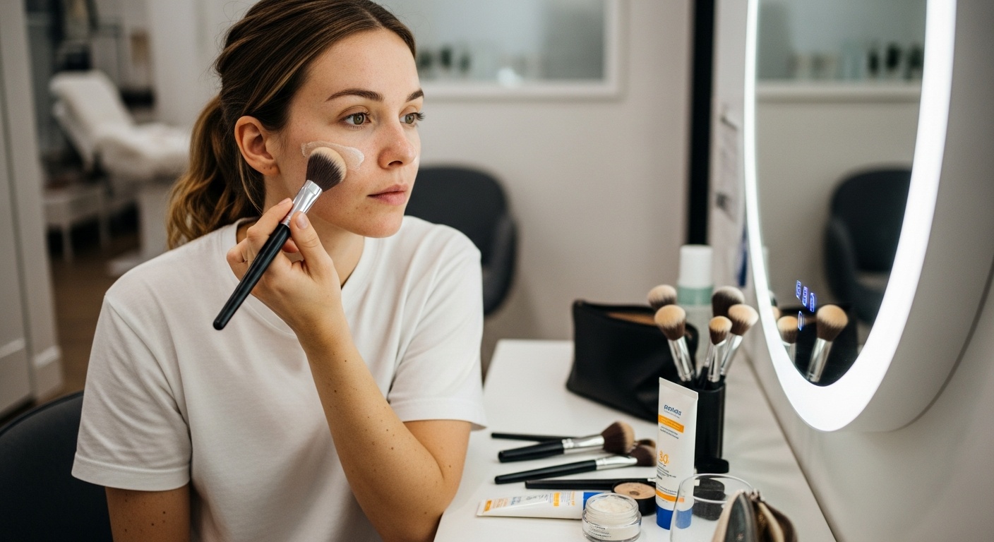 A woman at a vanity applying sunscreen before makeup with brushes and products visible on the counter