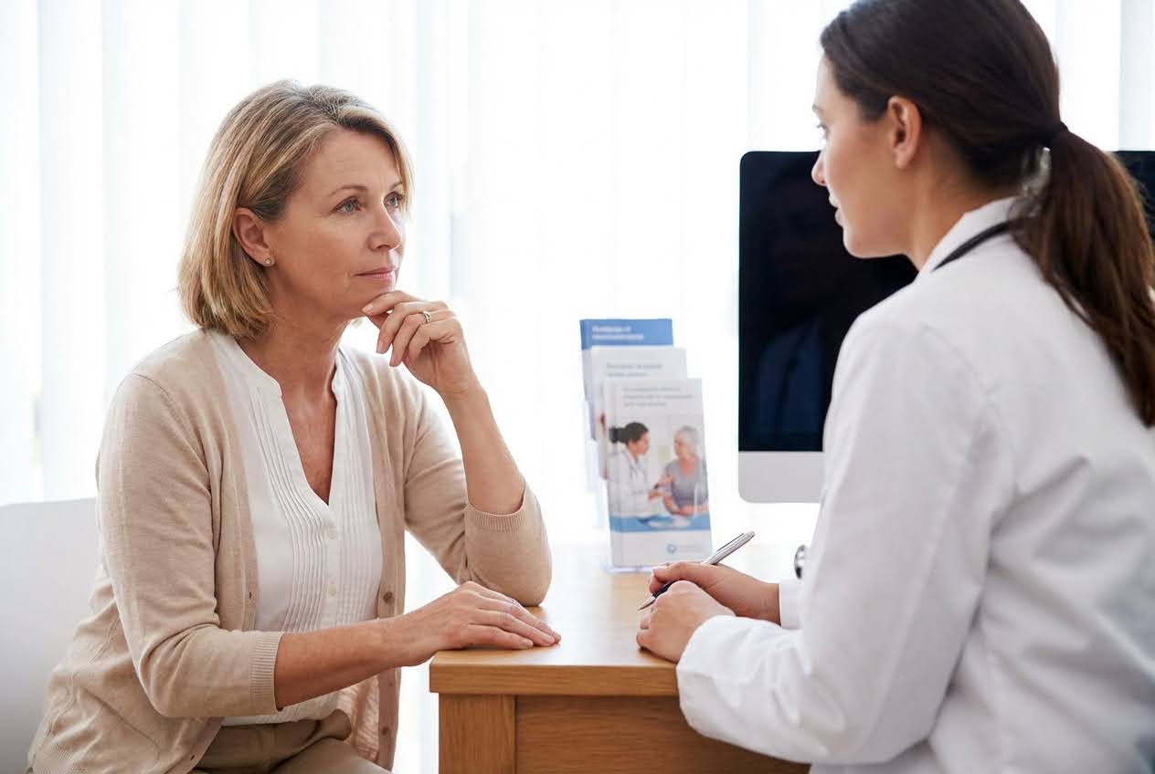 Blonde woman in a beige cardigan listening intently to a doctor in a white coat writing at a wooden desk.