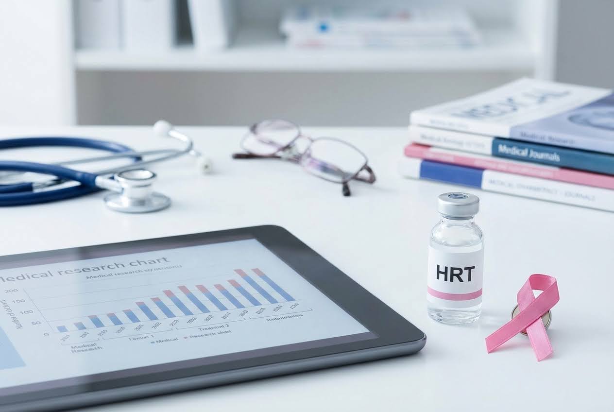 Tablet displaying a medical research chart beside an HRT vial and a pink ribbon on a desk.