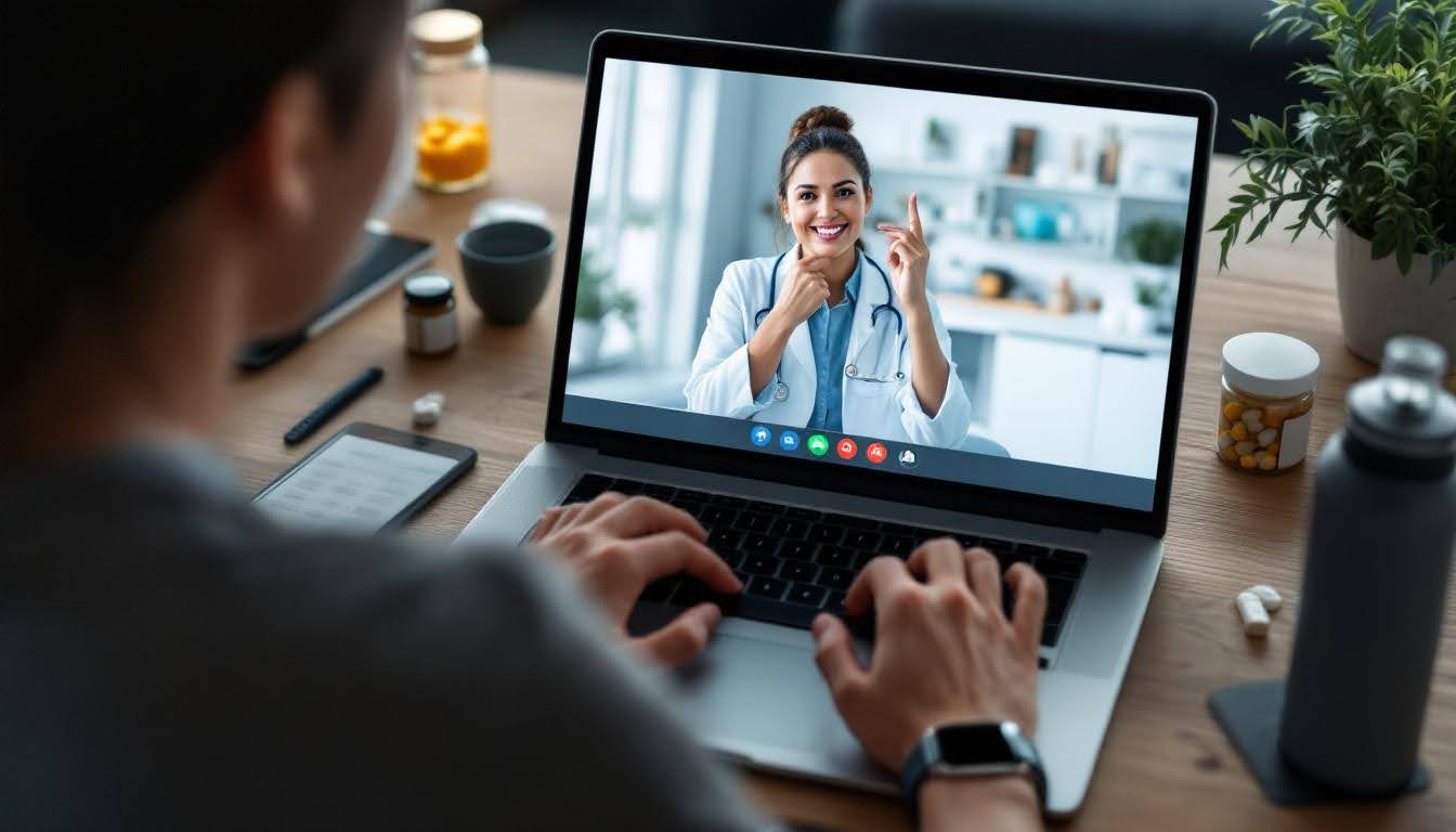 Person on laptop on telehealth video call with doctor.