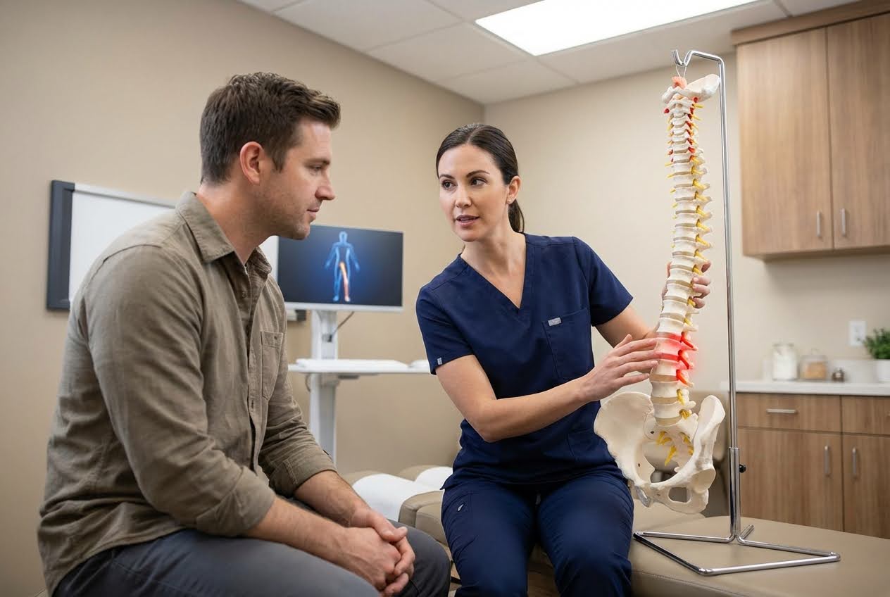 Chiropractor in blue scrubs points to a red, inflamed area on a spine model while talking to a male patient.