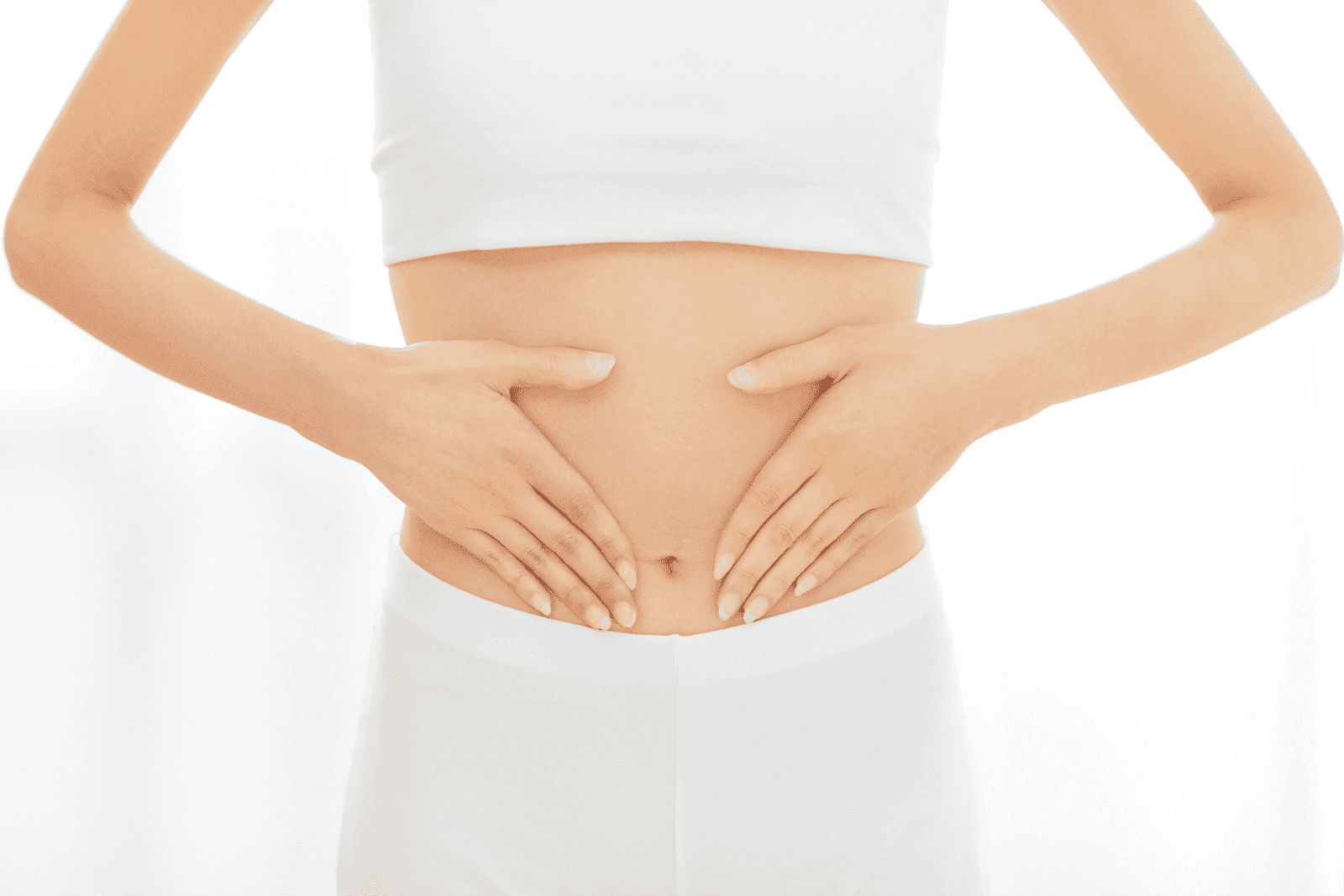 Close-up of a person in white clothing placing hands on stomach