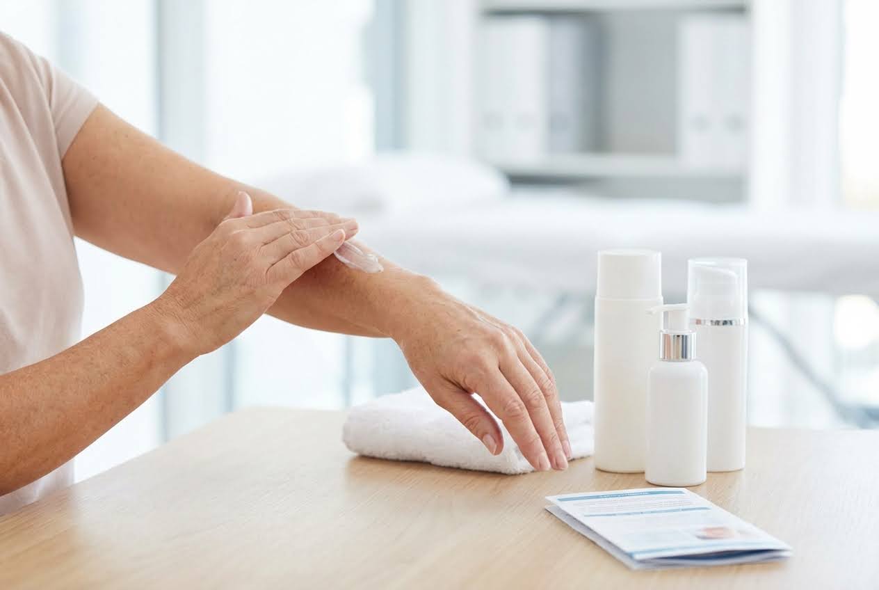 Close-up of an older person applying white lotion to their forearm, with skincare bottles and a towel on a light wooden table.