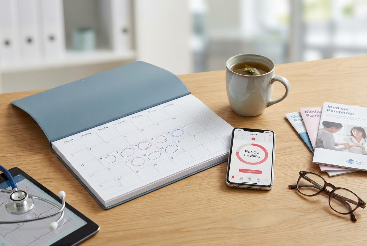 Desk with a calendar showing circled dates, a phone displaying a period tracking app, tea, and medical pamphlets.