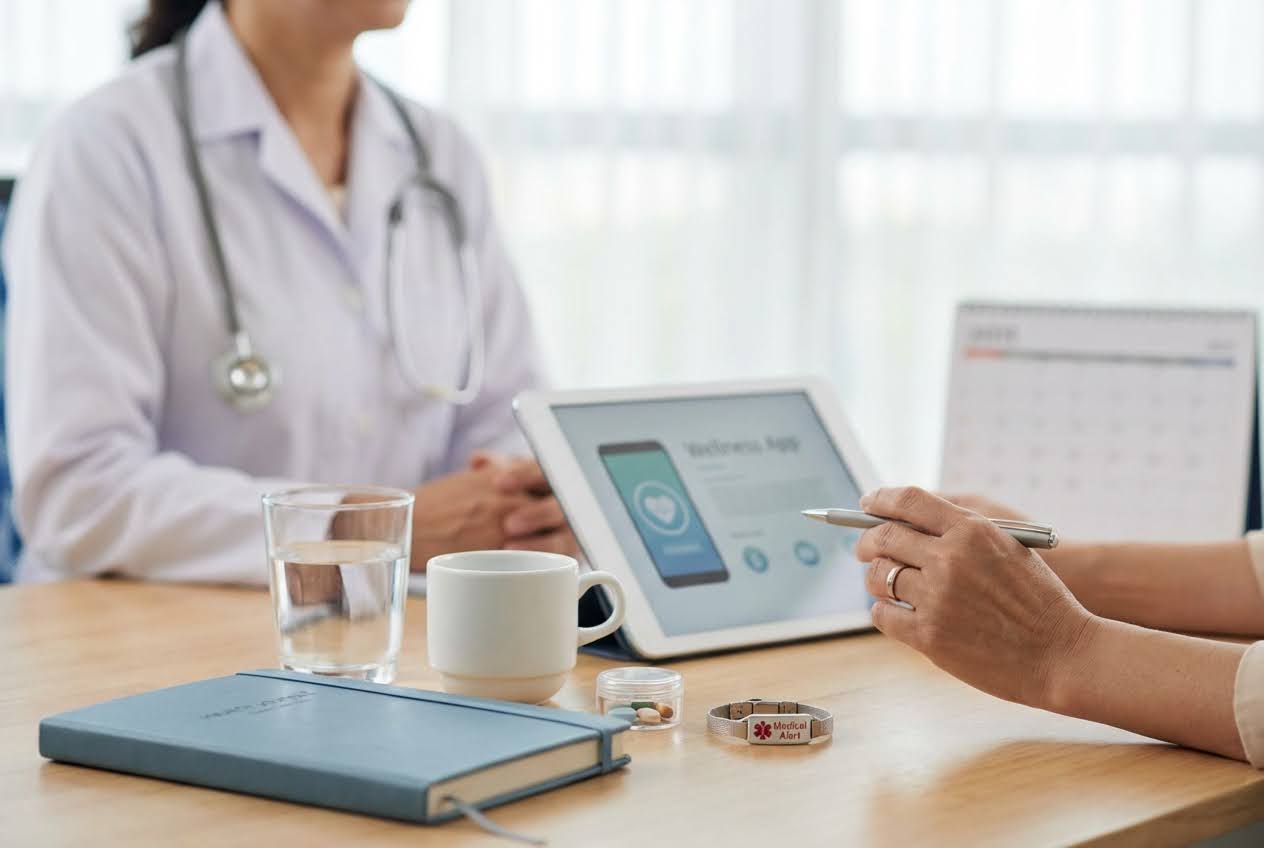 Doctor and patient discussing a wellness app on a tablet, with a medical alert bracelet and pills on the table