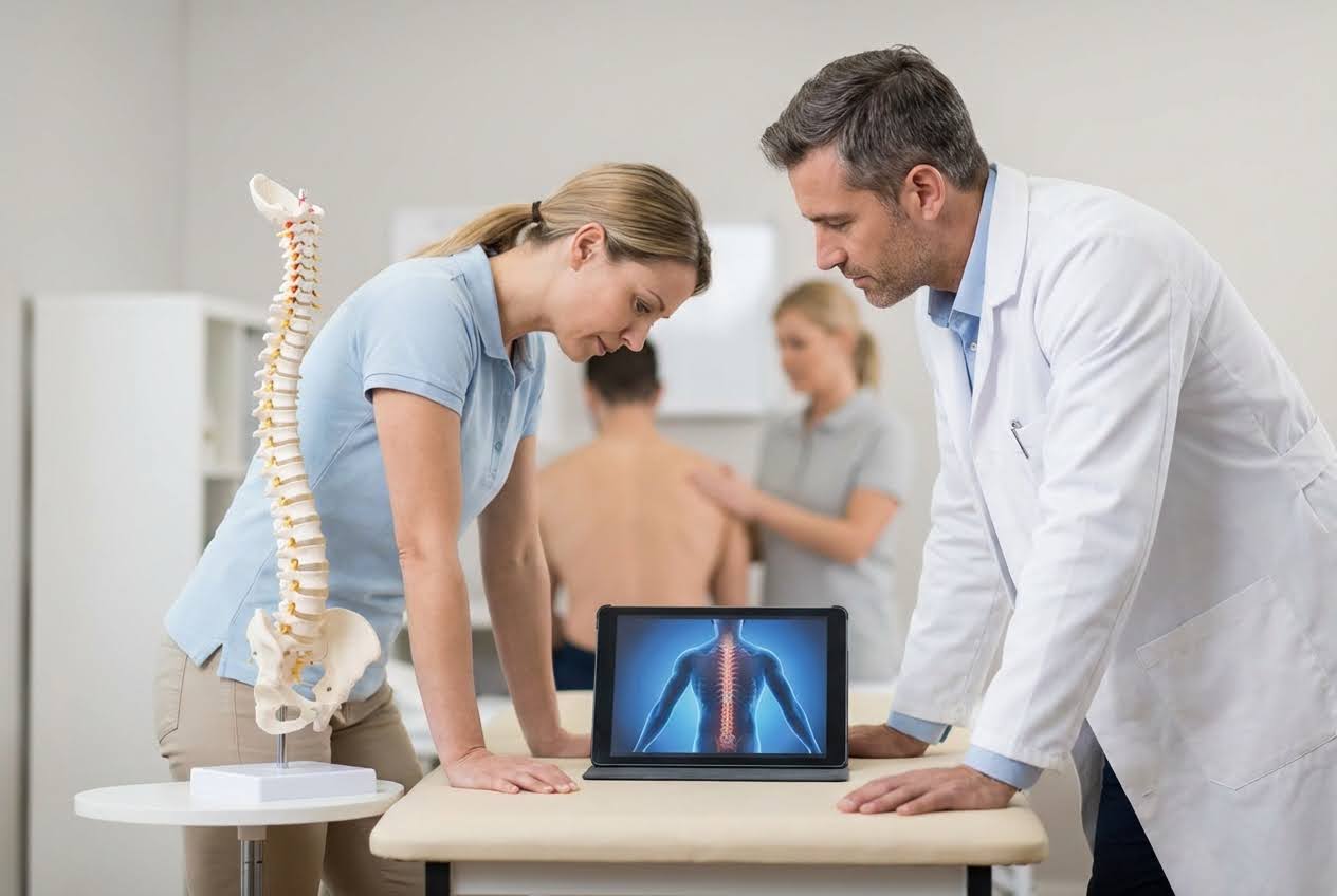 Doctor and patient examining a spine model and a tablet displaying a human back with a highlighted spine