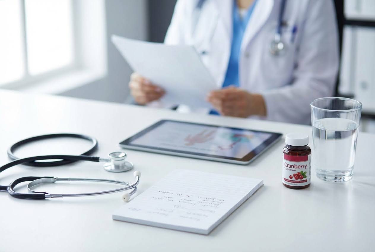 Doctor at a white desk with a stethoscope, tablet, notebook, cranberry supplement bottle, and glass of water