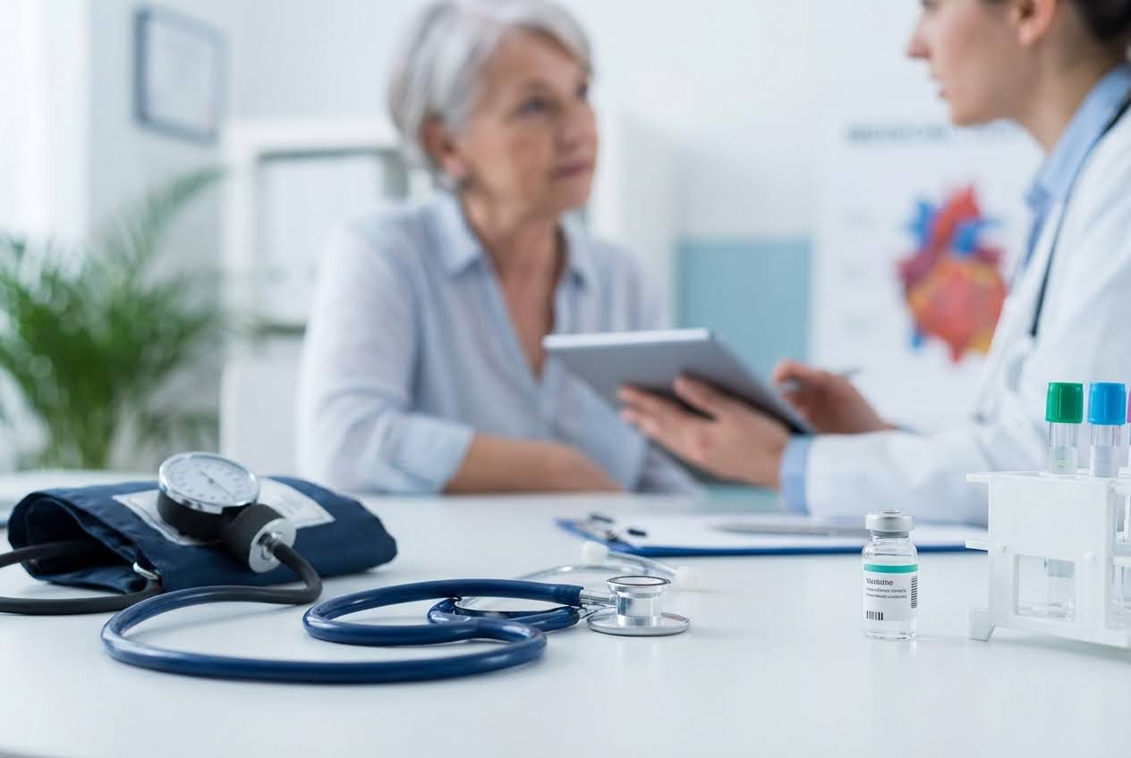 Doctor consulting with an older woman, with medical equipment like a stethoscope and vials in the foreground.