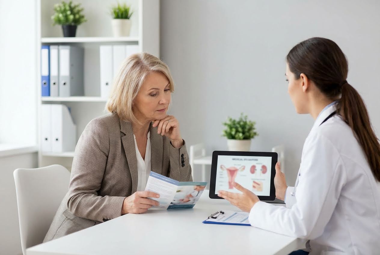 Doctor explaining female anatomy on a tablet to a mature woman holding a brochure in a bright office.