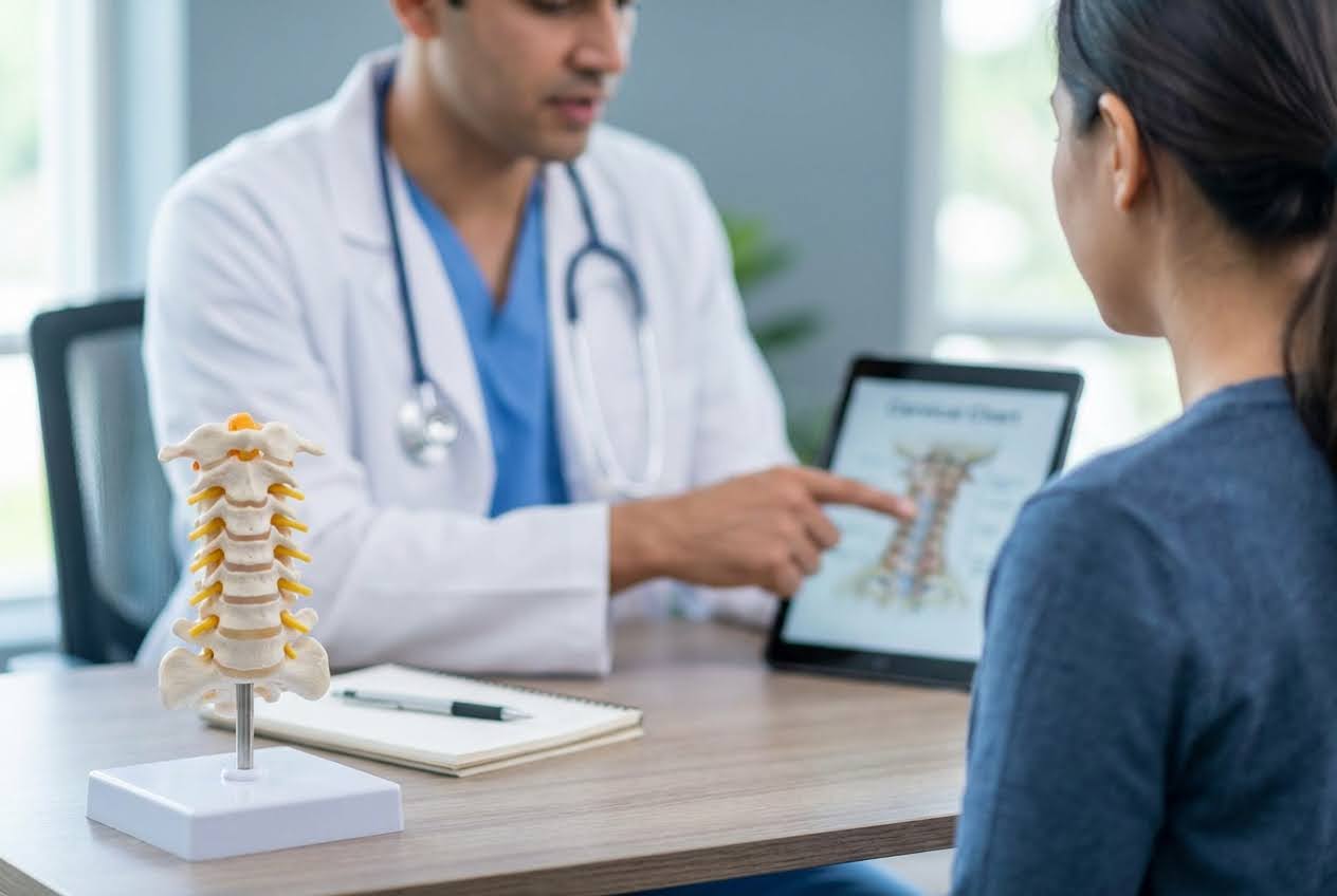 Doctor explains cervical spine model and digital neck anatomy chart to a patient.