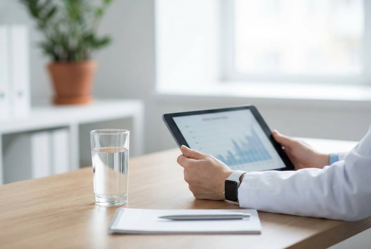 Doctor in a white coat reviewing a tablet with a blue bar graph, next to a glass of water on a wooden desk.